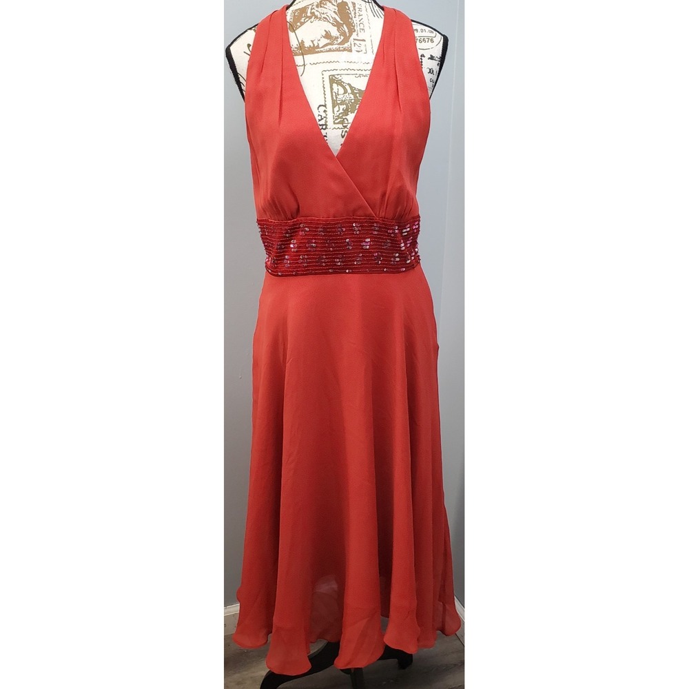Donna Ricco Chiffon Halter Dress Womens 8 Red Silk Sequined Waistband Side Zip